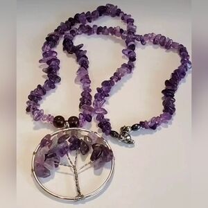 Amethyst Gemstone Chip Bead Silvertone Metal Tree of Life Necklace